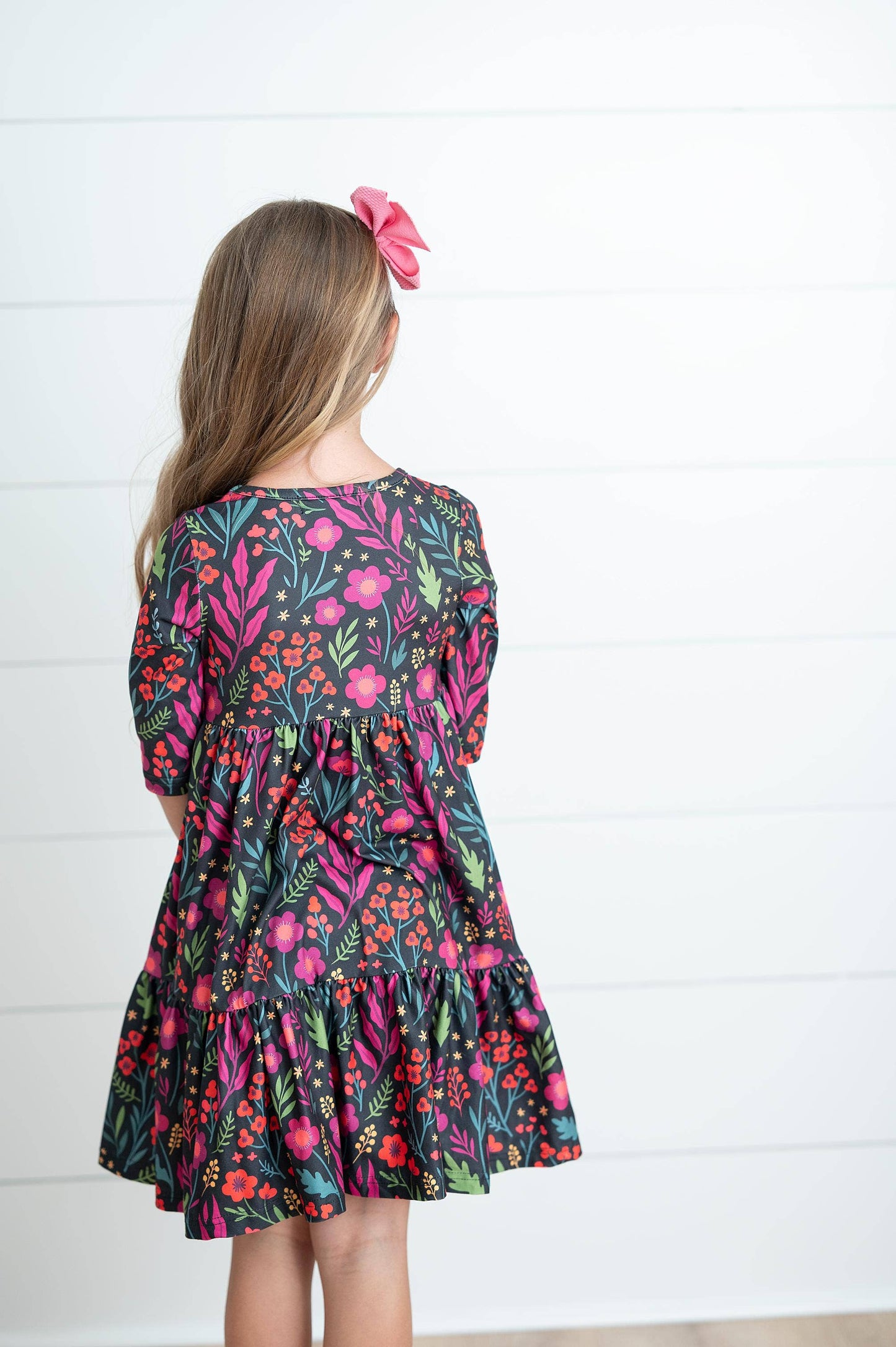 Oopsie Daisy - Girls Emma Dark Magenta Fall Floral Tiered Twirl Dress