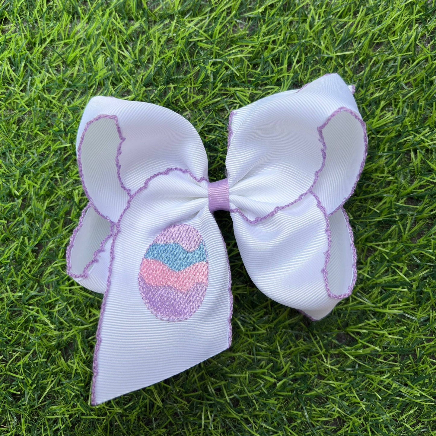 5" Easter embroidered hair bows with moon stitch trim