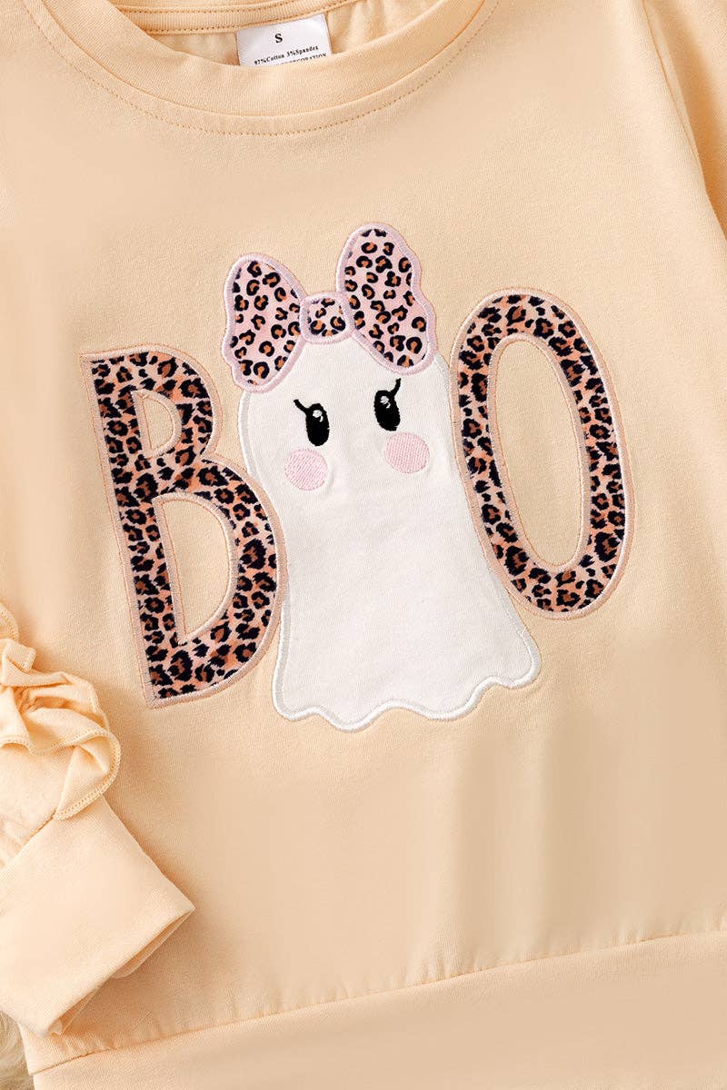 Kids Charm Online - "Boo" Ghost application long sleeve top with ruffle sleeve and animal printed bells. OFG61764 AMY