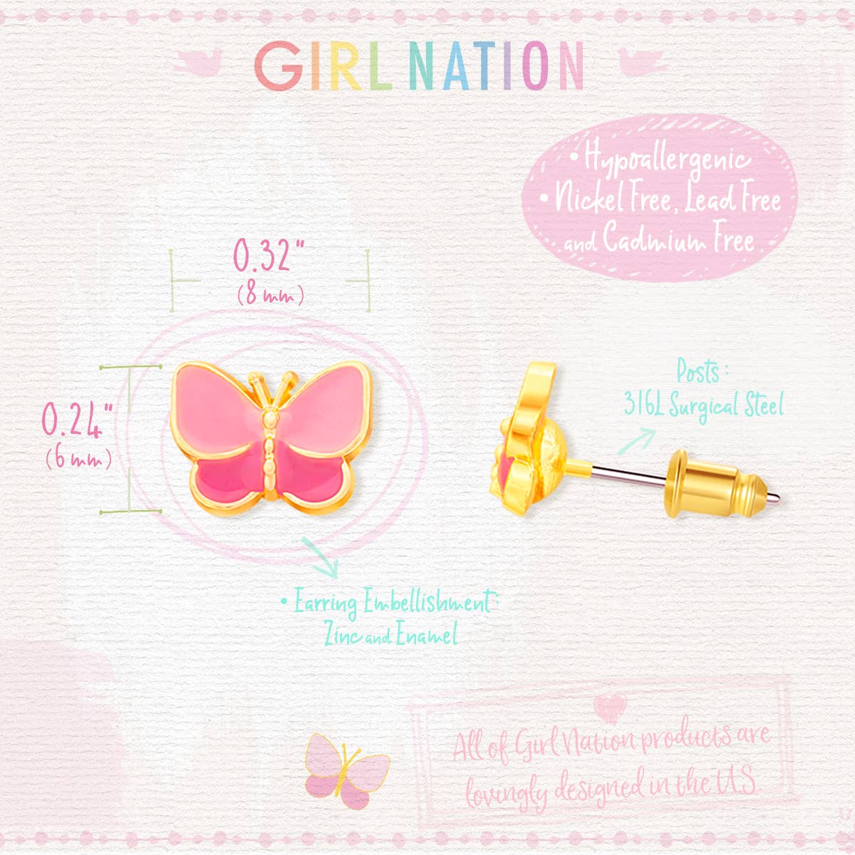 Girl Nation - Sweet Pink Butterfly | Cutie Stud Earrings for Girls