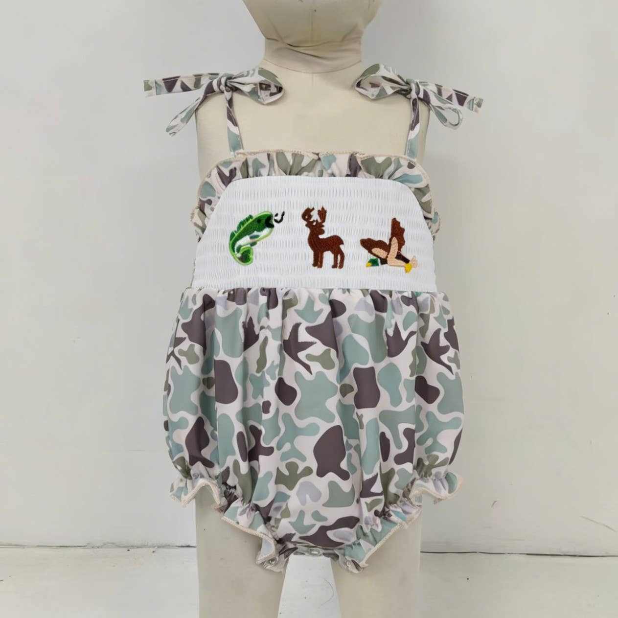 Clover Cottage - Muted Camo Smocked Baby Romper