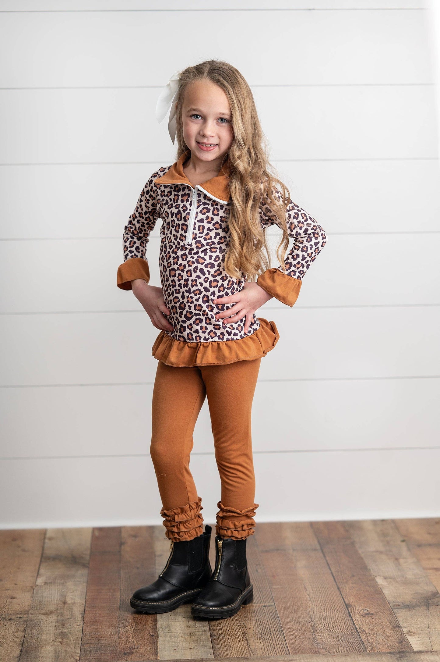 Girls Rust & Leopard Ruffle Zip Up Carmel Fall Pant Set