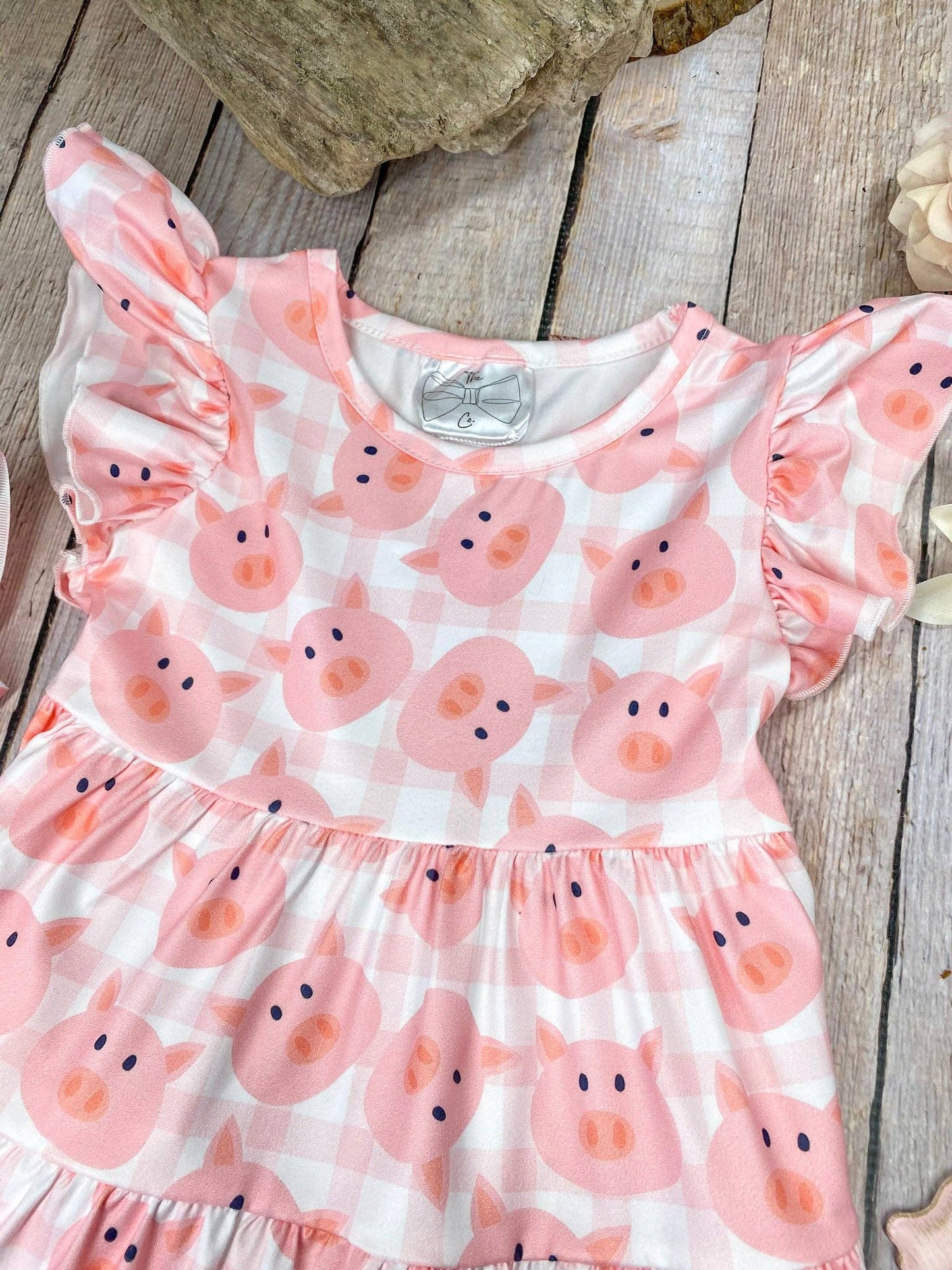 Pink Pig Gingham Tiered Dress | Girls Farm Animal Ruffle Dress