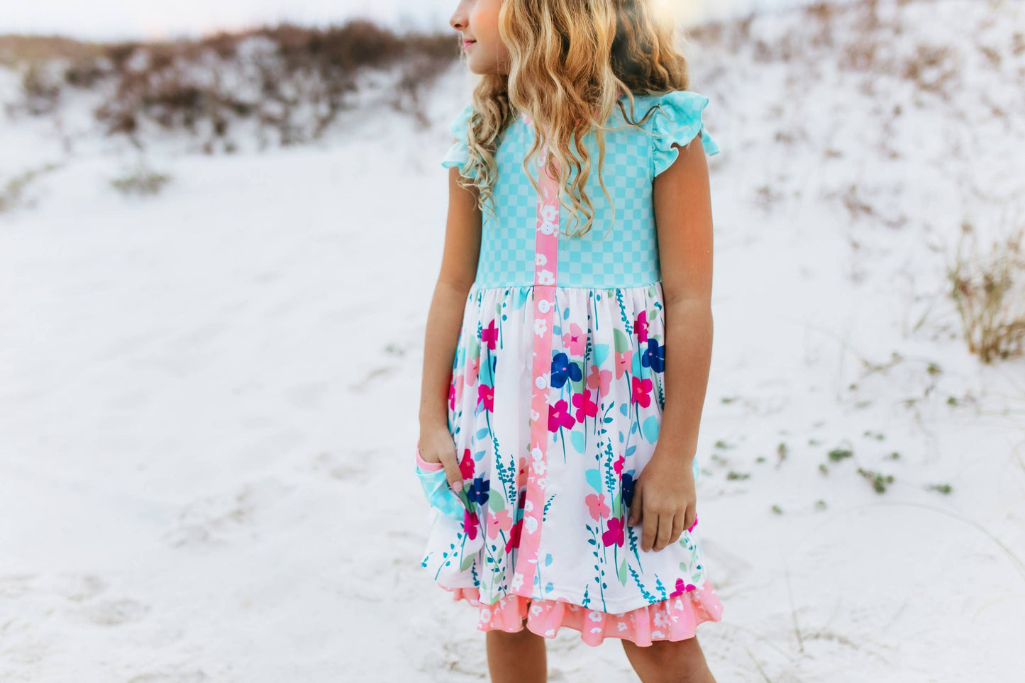 Sky Blue & Pink Floral Pocket Ruffle Spring Dress