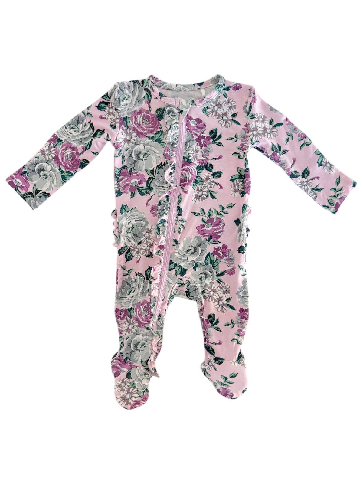 SpearmintLOVE - 2-Way Zip Ruffle Footie, Blissful Blossoms