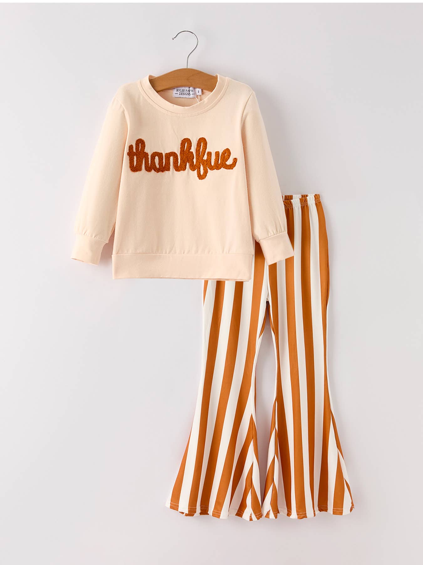 Fall Thanksgiving "thanksful" Chenille Patches Stripe Girls Long Sleeve Seth