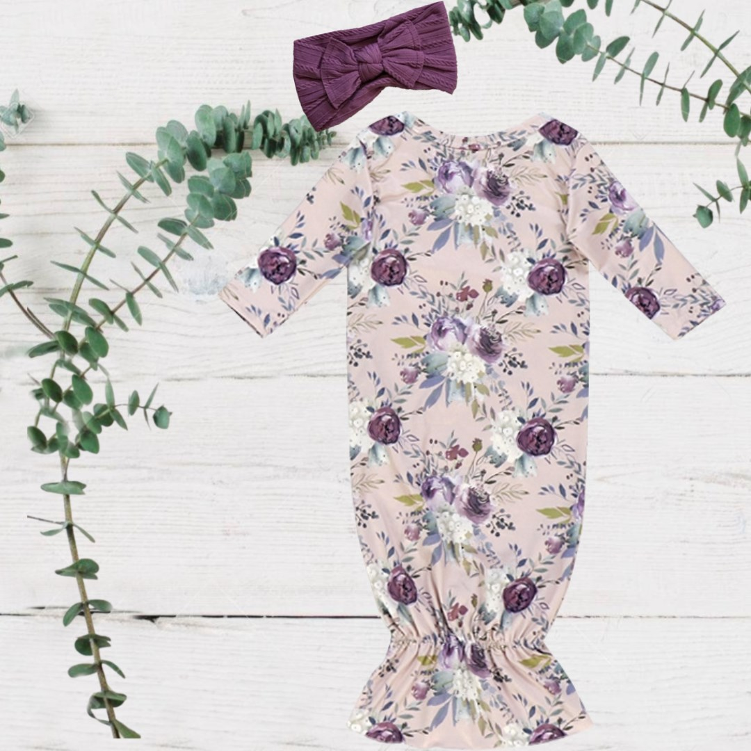 Blush with Mauve Floral Baby Gown