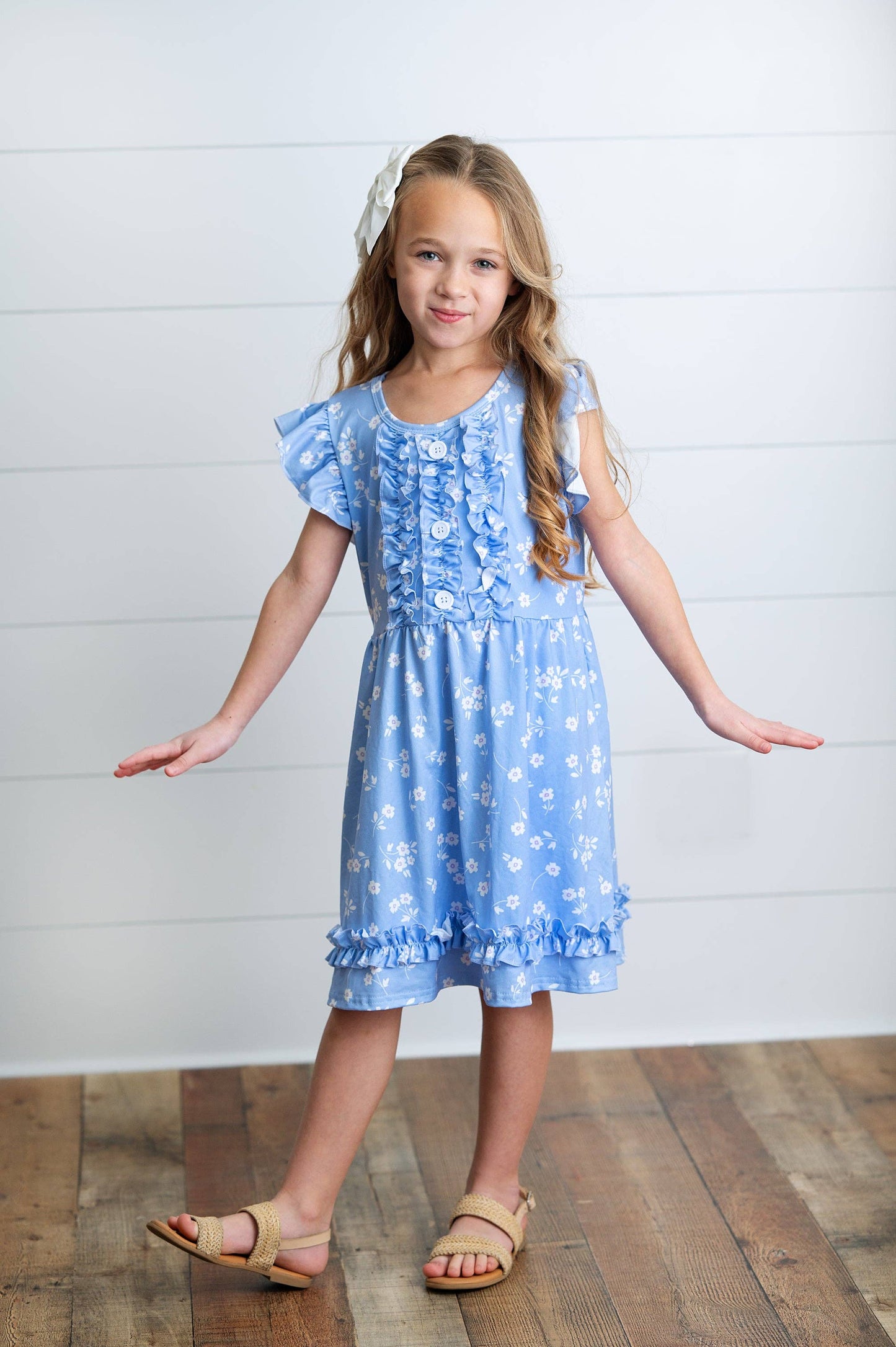 Kids Periwinkle Dainty Flower Button Ruffle Spring Dress