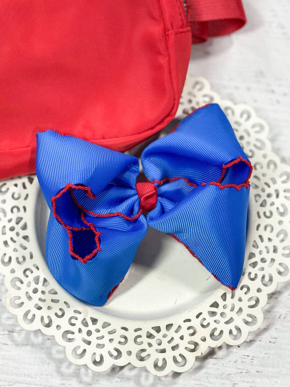 Royal Blue with Red Moonstitch Hair Bow