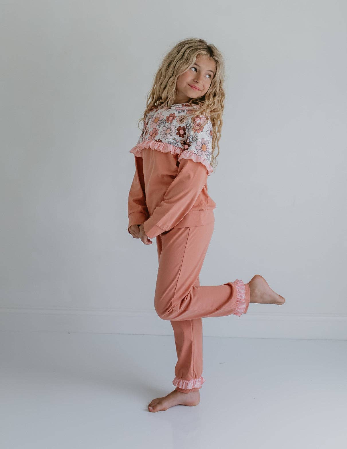 Girls Desert Tan Retro Flower Ruffle Hoodie Lounge Set