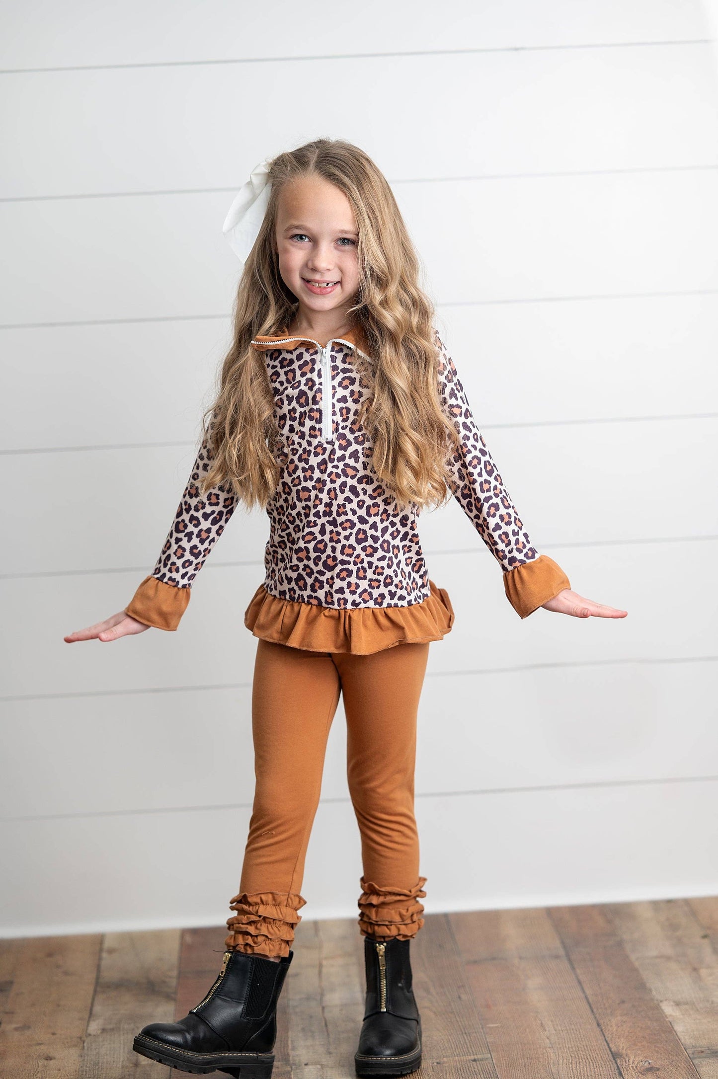 Girls Rust & Leopard Ruffle Zip Up Carmel Fall Pant Set