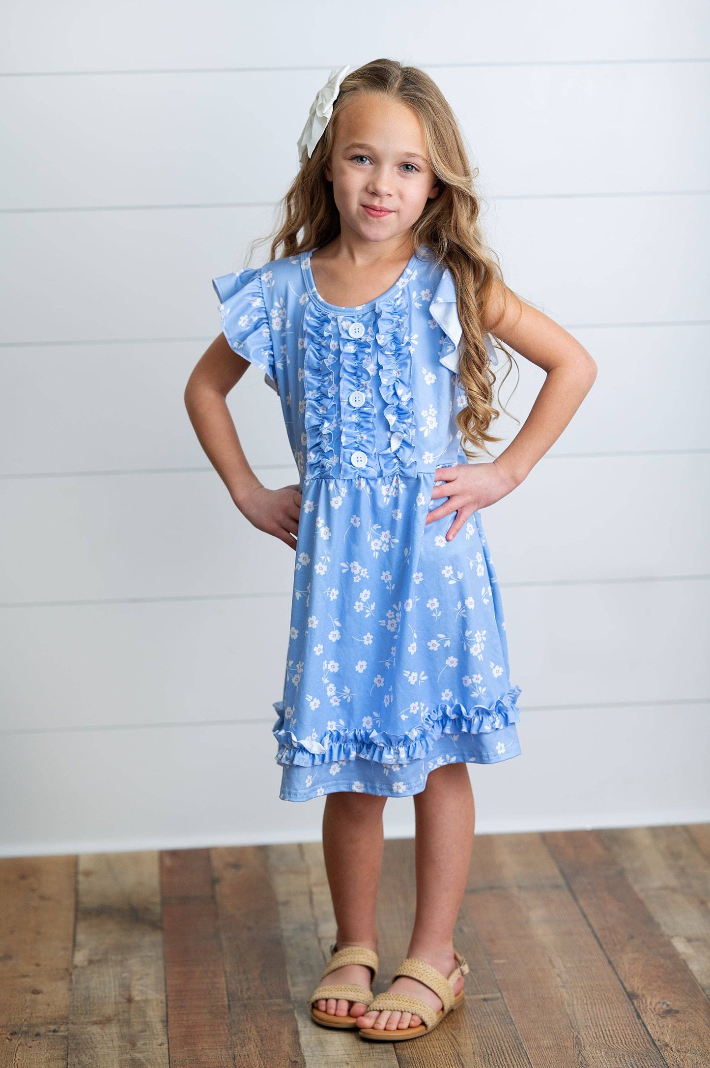 Kids Periwinkle Dainty Flower Button Ruffle Spring Dress