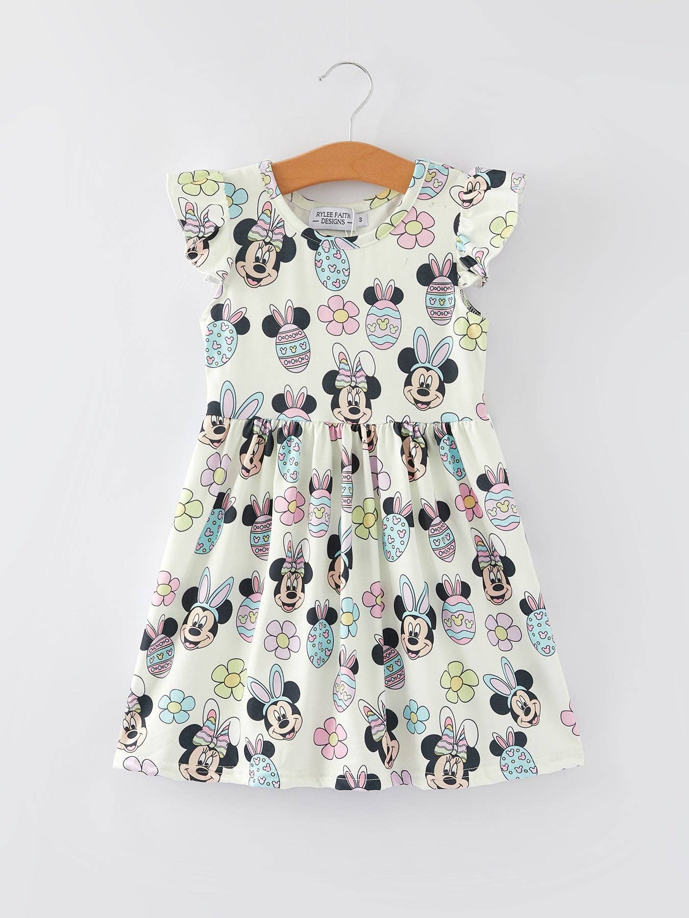 Easter Cartoon Egg Floral Printed Flying Sleeve Girls Dress