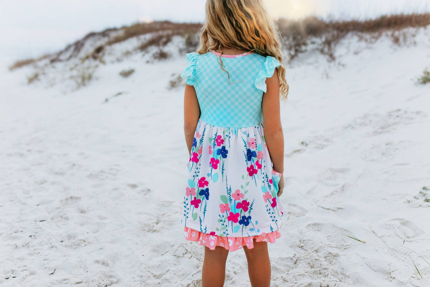 Sky Blue & Pink Floral Pocket Ruffle Spring Dress
