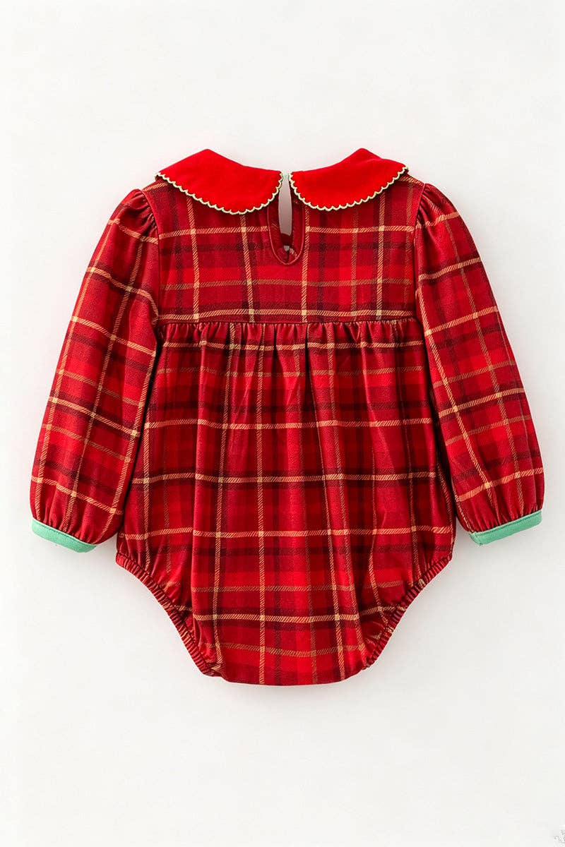 Plaid smocked baby jumpsuit with Christmas tree