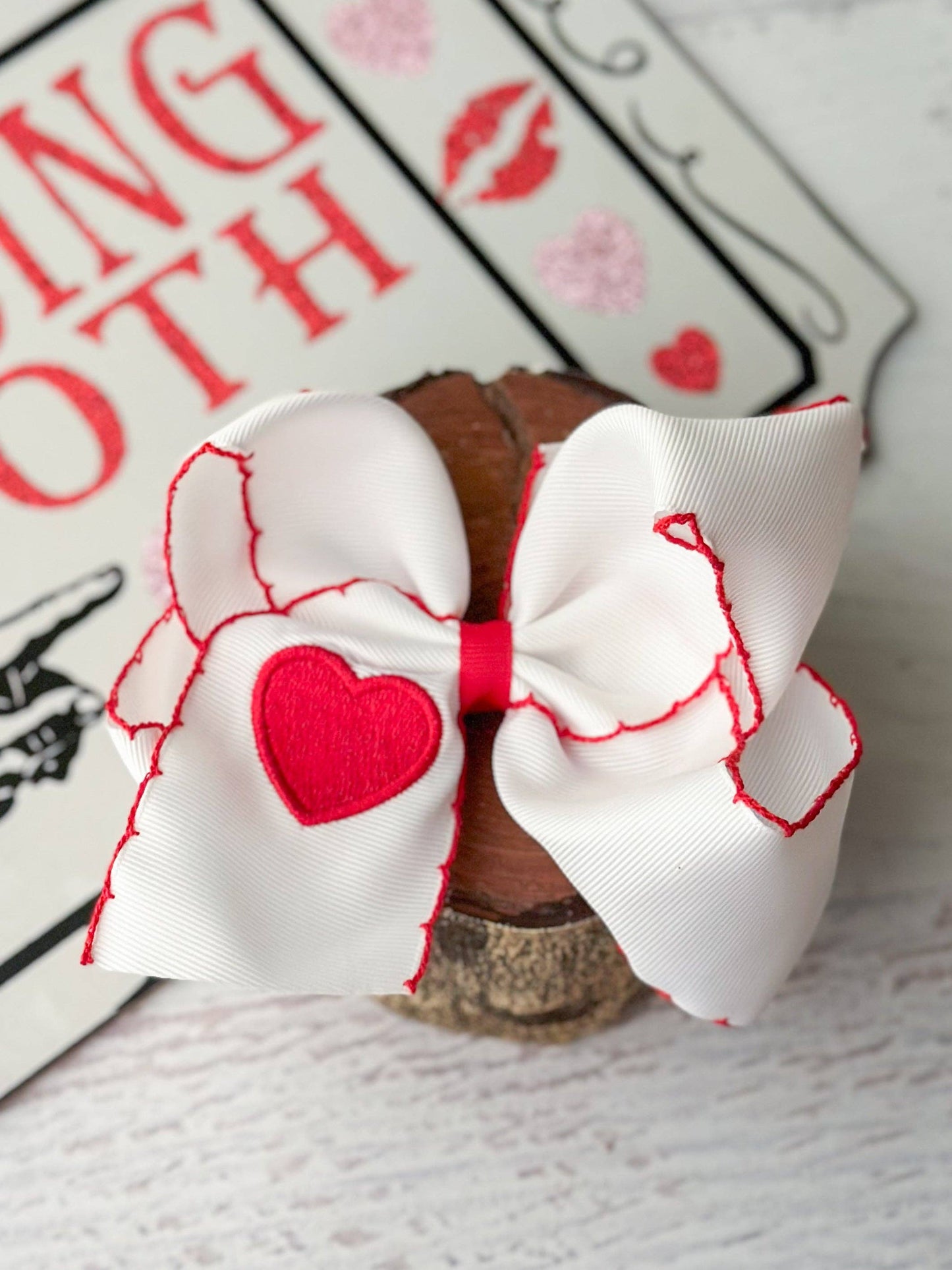 Heart Embroidered Moonstitch Hair Bow