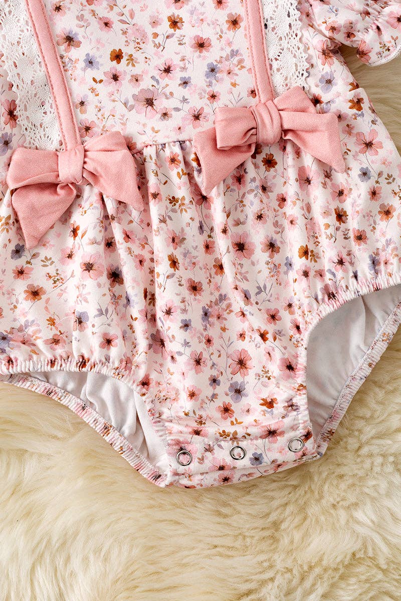 Multi-Color Ditsy floral baby romper with front bows & embroidery details