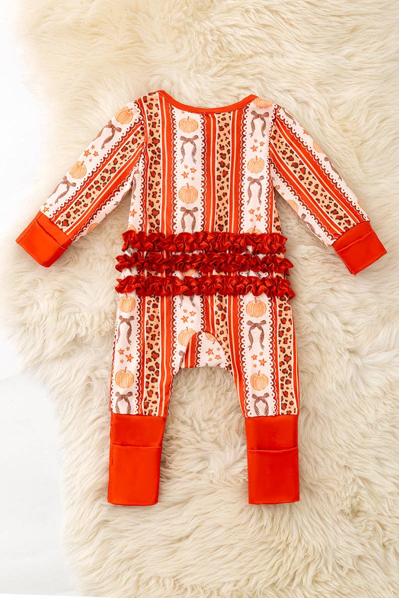 Kids Charm Online - Pumpkin & cheetah printed girls baby romper with ruffle butt. RPG62331 SOL