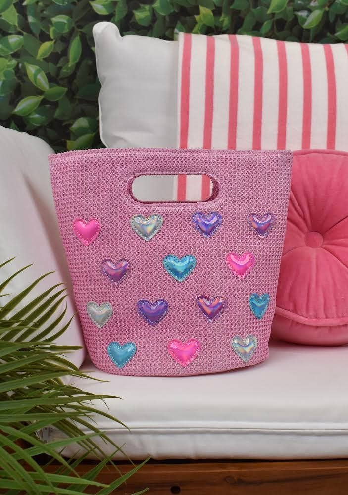 Heart-Patched Pink Straw Top-Handle Mini Tote Bag