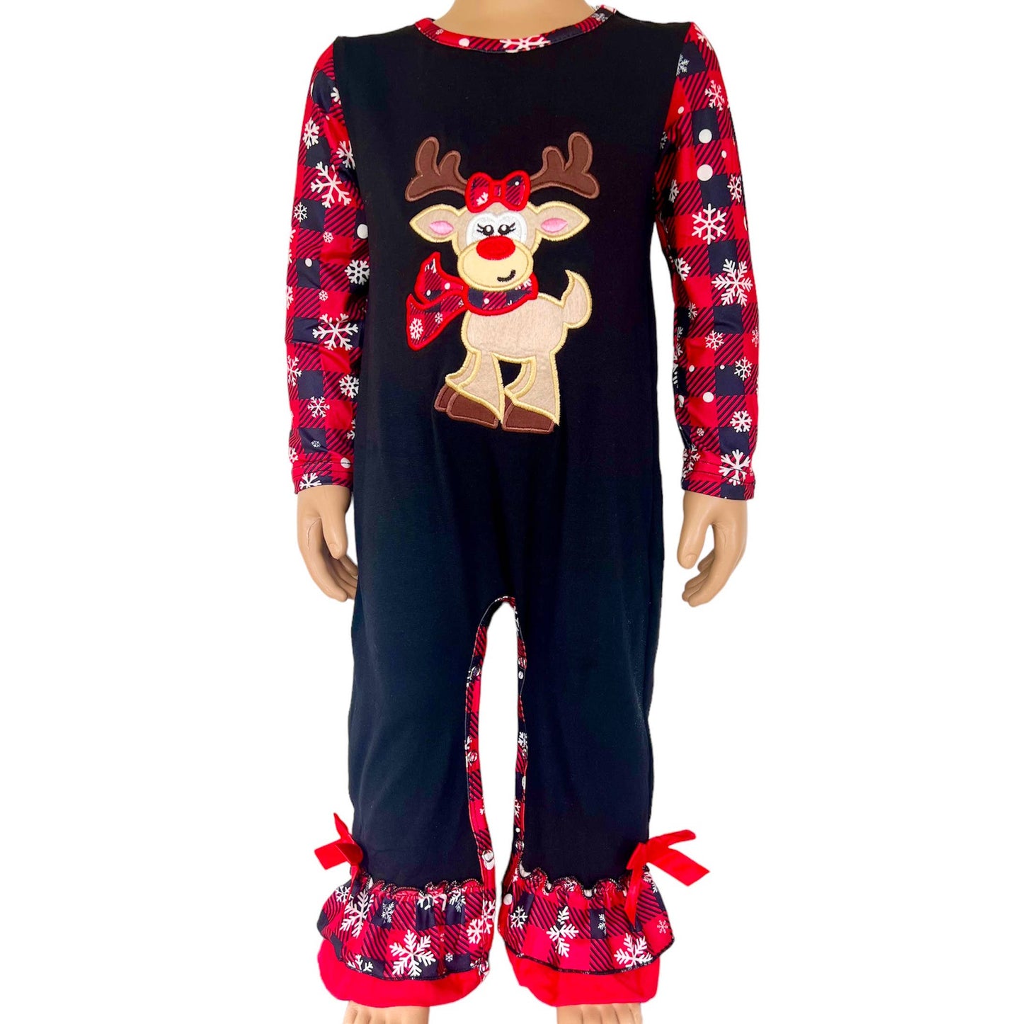 Baby Girls Plaid Rudolf Reindeer Christmas Romper