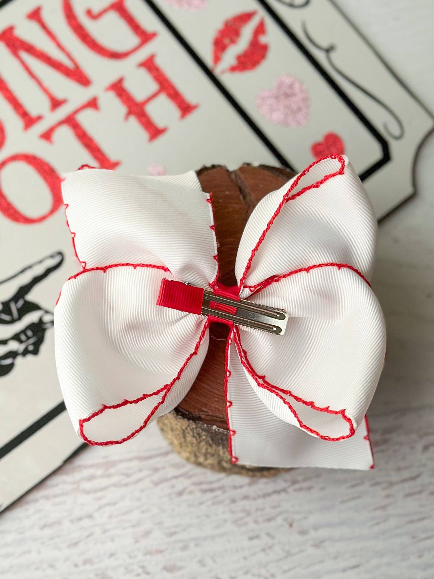 Heart Embroidered Moonstitch Hair Bow