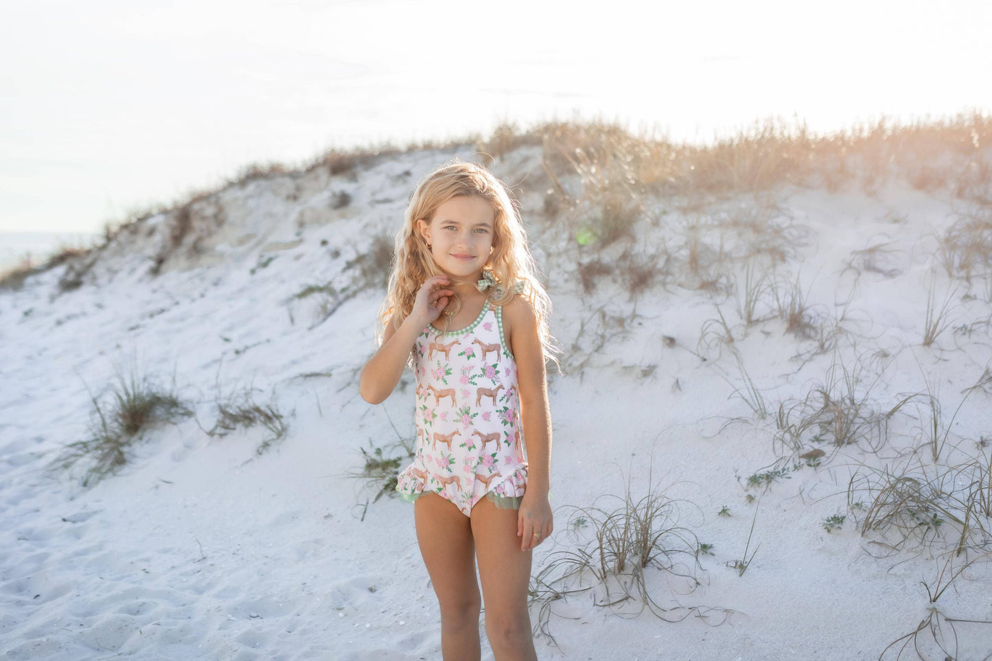 Kids Pink Horse Ruffles & Bows Cross Back One Piece Swimsuit