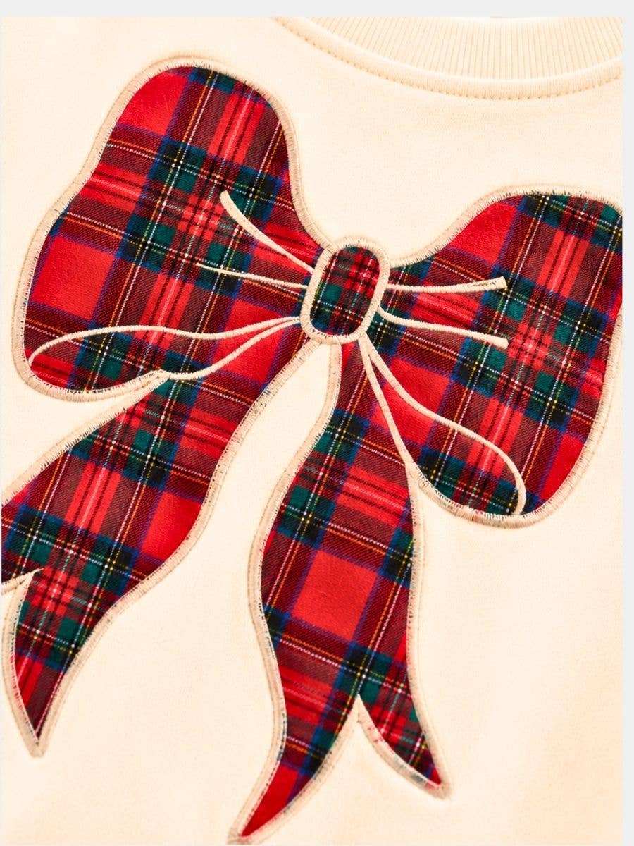 Cream Tartan Bow Girls Bell Bottom Set