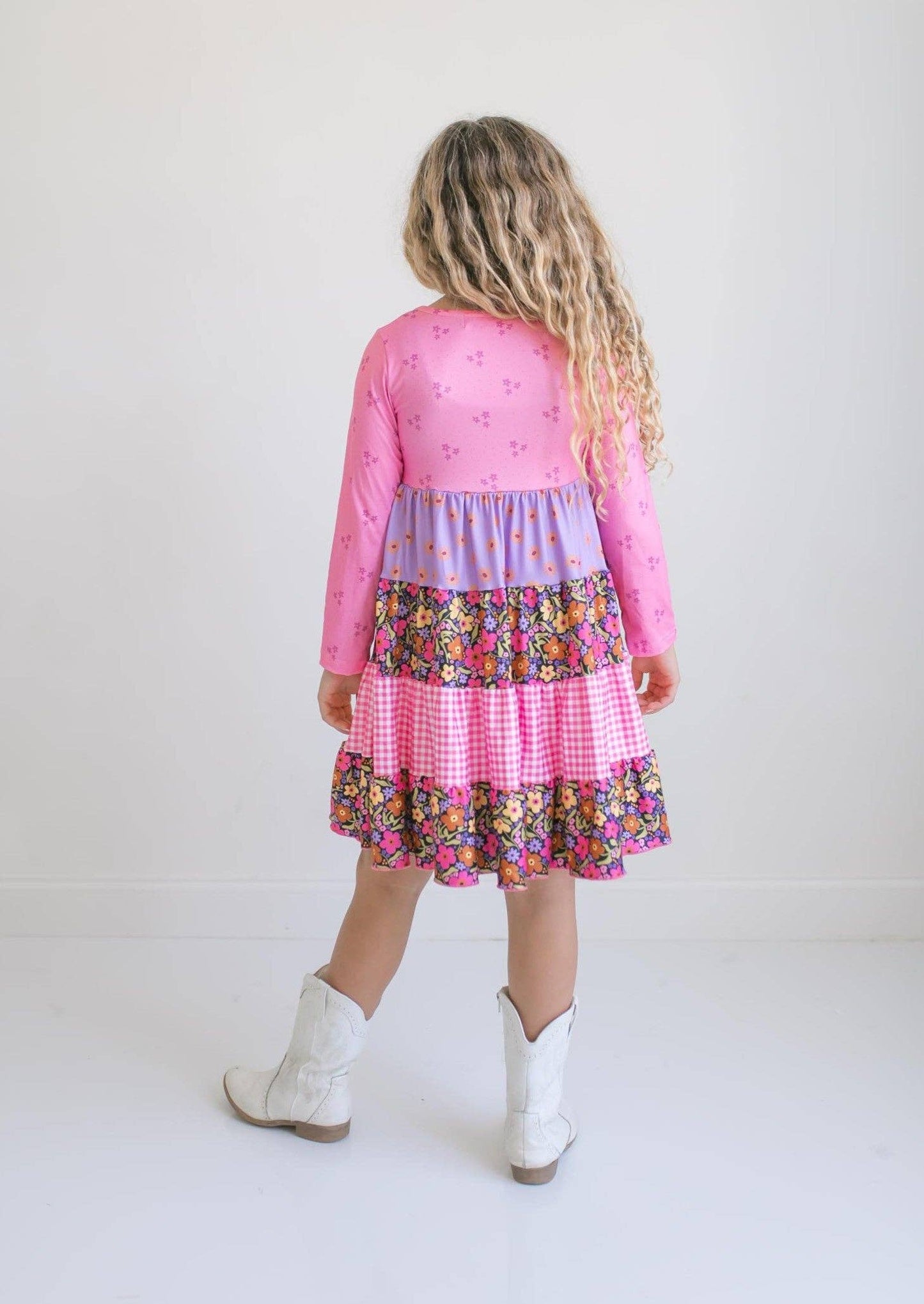 Oopsie Daisy - Kids Avery Bright Pink Floral Long Sleeve Tiered Twirl Dress
