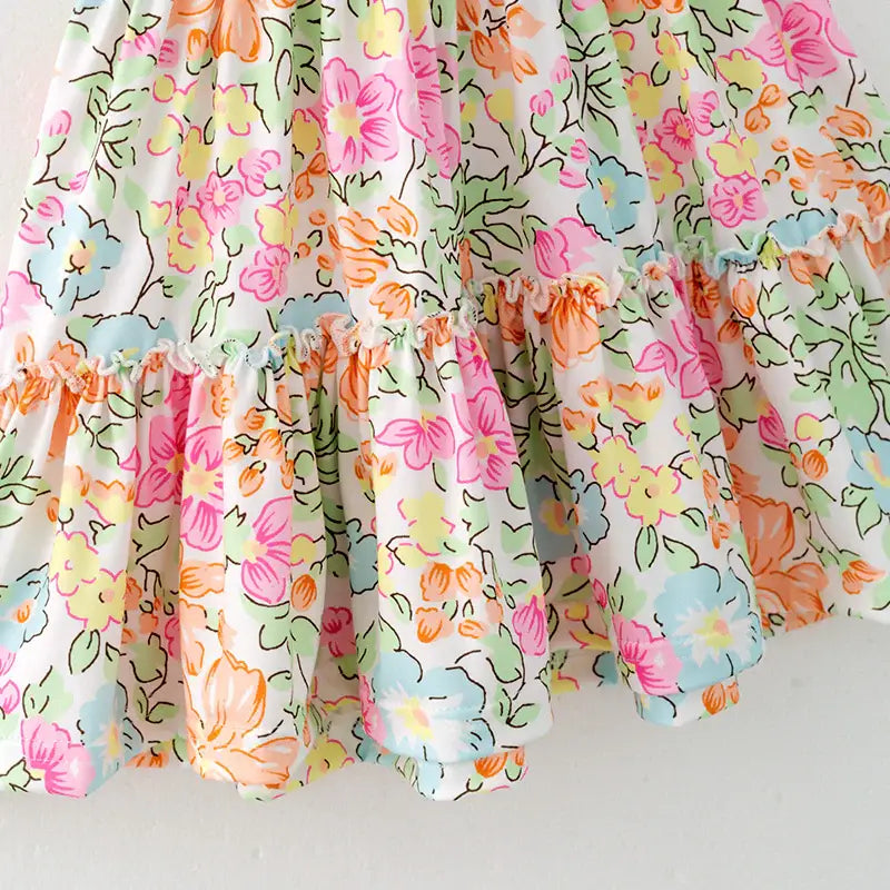 Girls Summer Blue Plaid Bow Floral Print Ruffled Dress