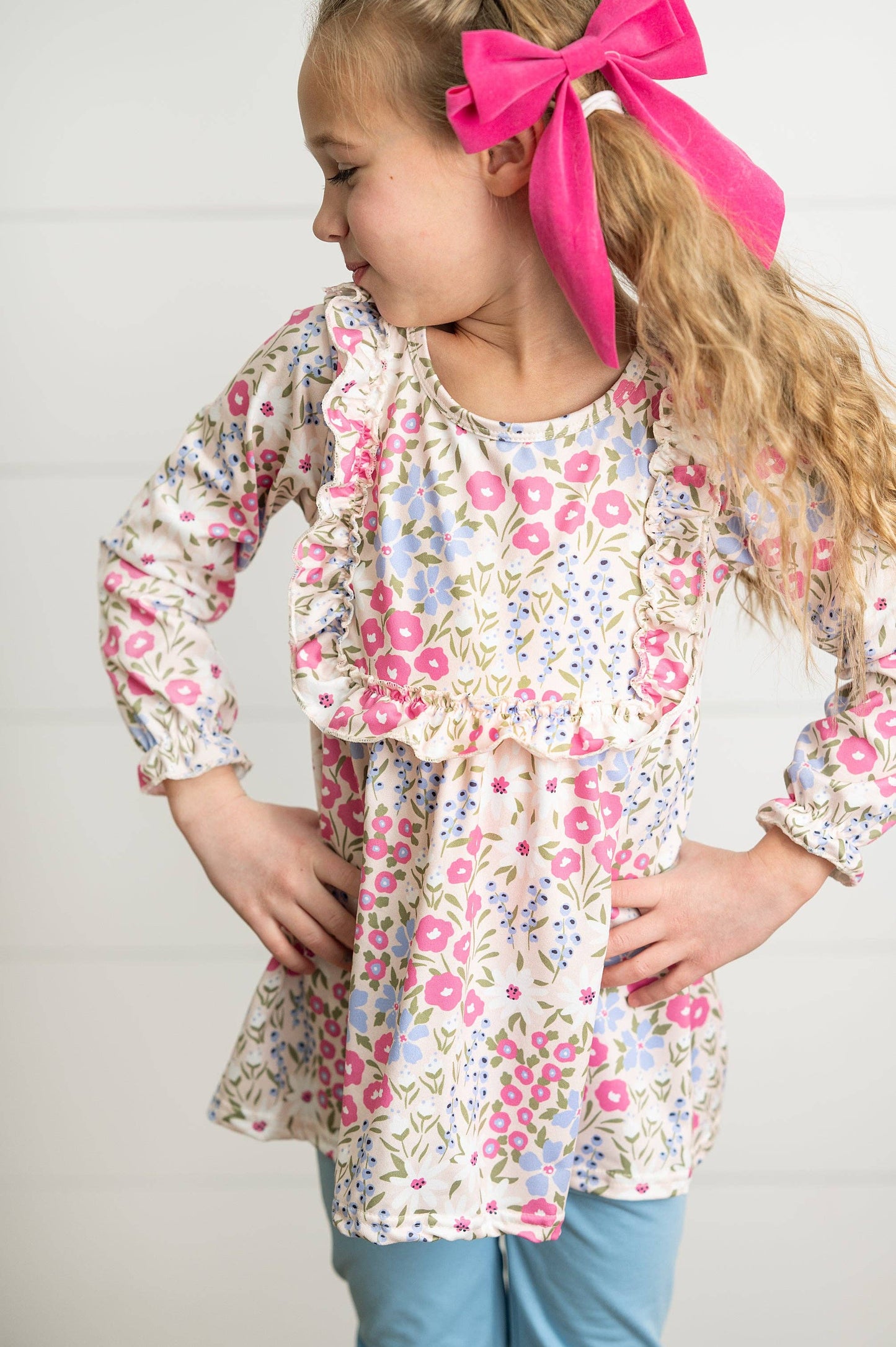Girls Pink Floral Ruffle Top & Periwinkle Fall Pant Set