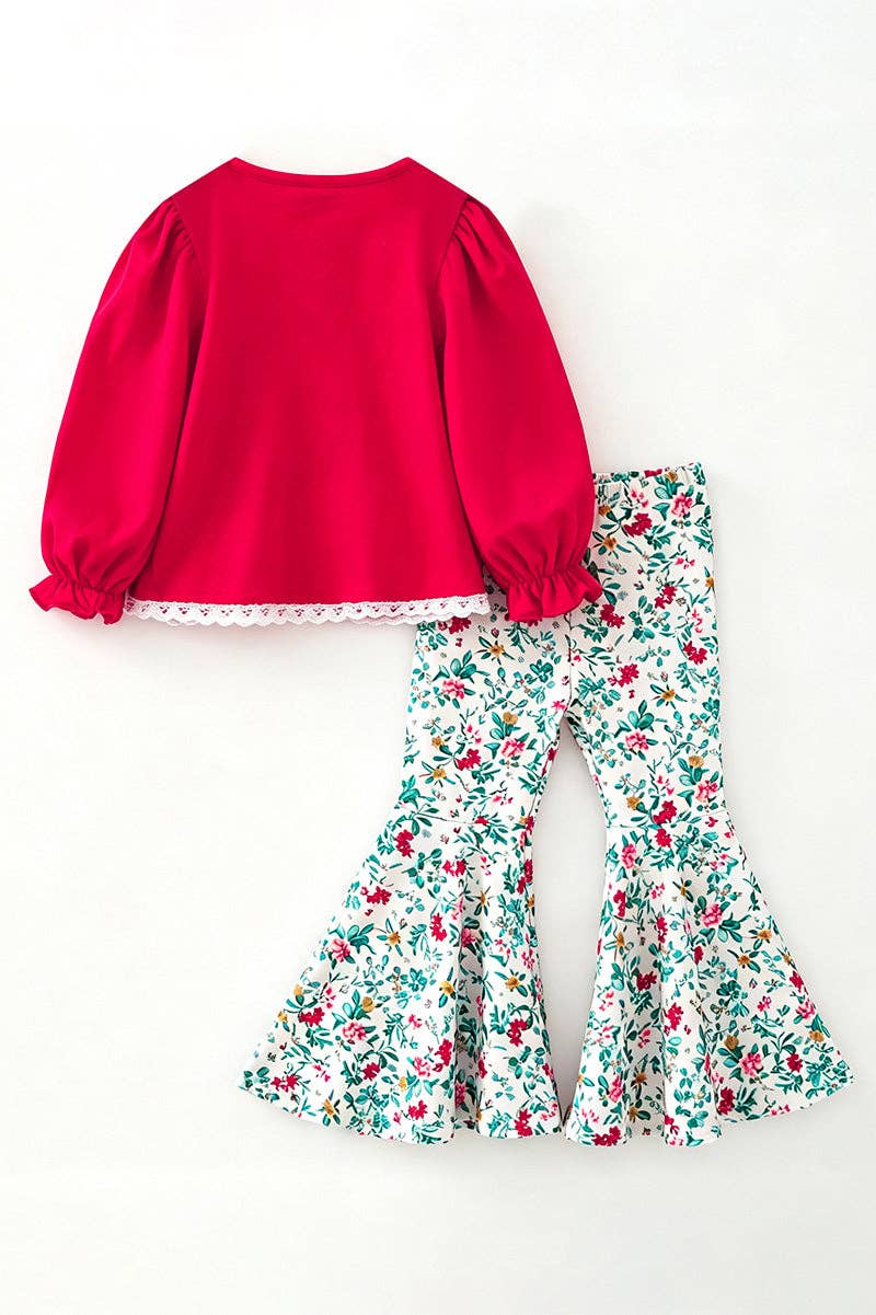Kids Charm Online - Red Santa applique top and multi-printed bell bottoms. OFG63021 MON