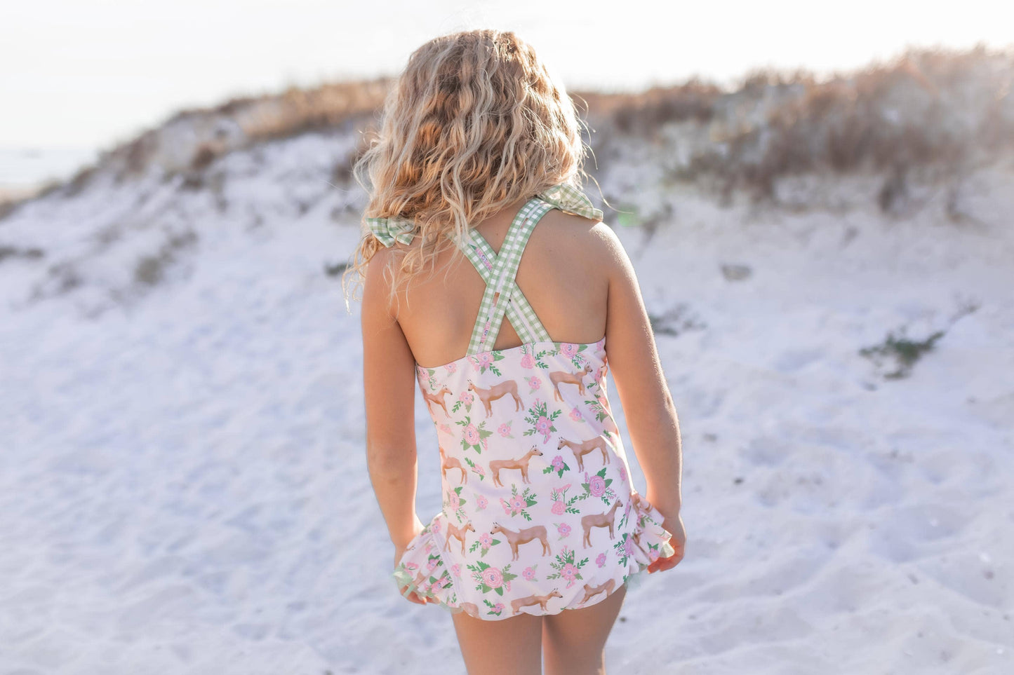 Kids Pink Horse Ruffles & Bows Cross Back One Piece Swimsuit
