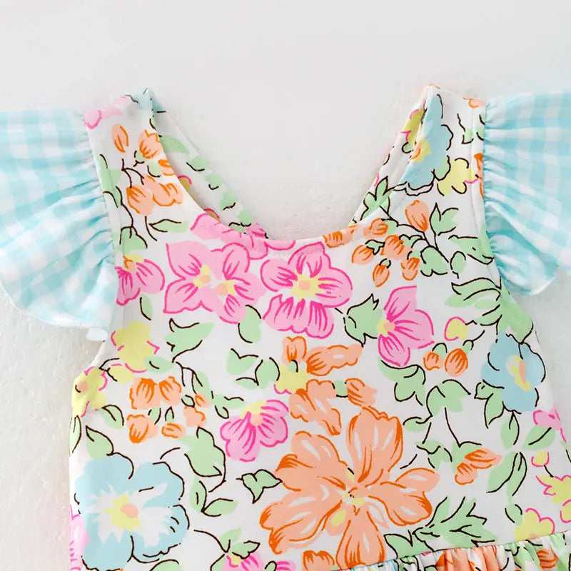 Girls Summer Blue Plaid Bow Floral Print Ruffled Dress