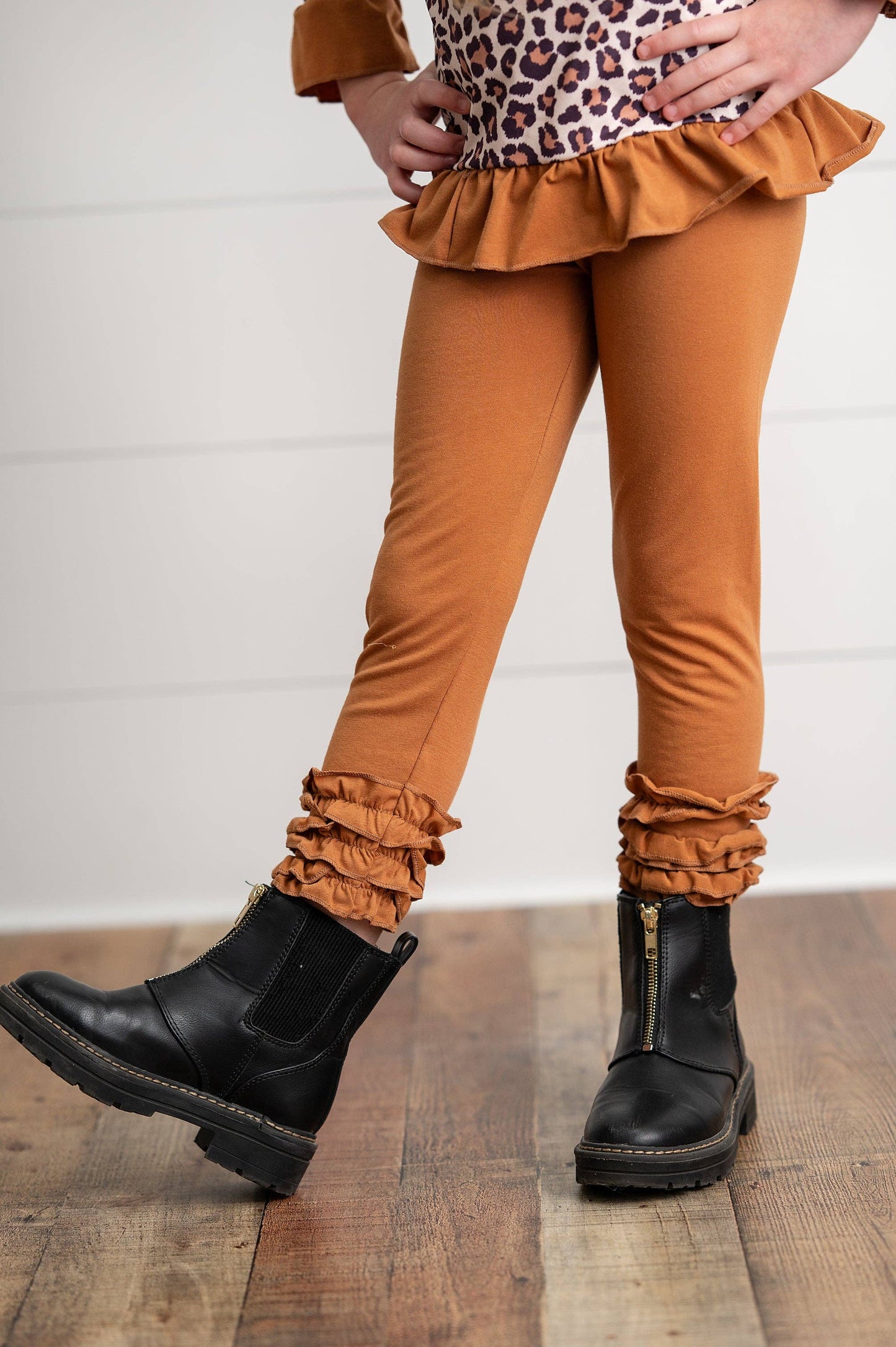 Girls Rust & Leopard Ruffle Zip Up Carmel Fall Pant Set