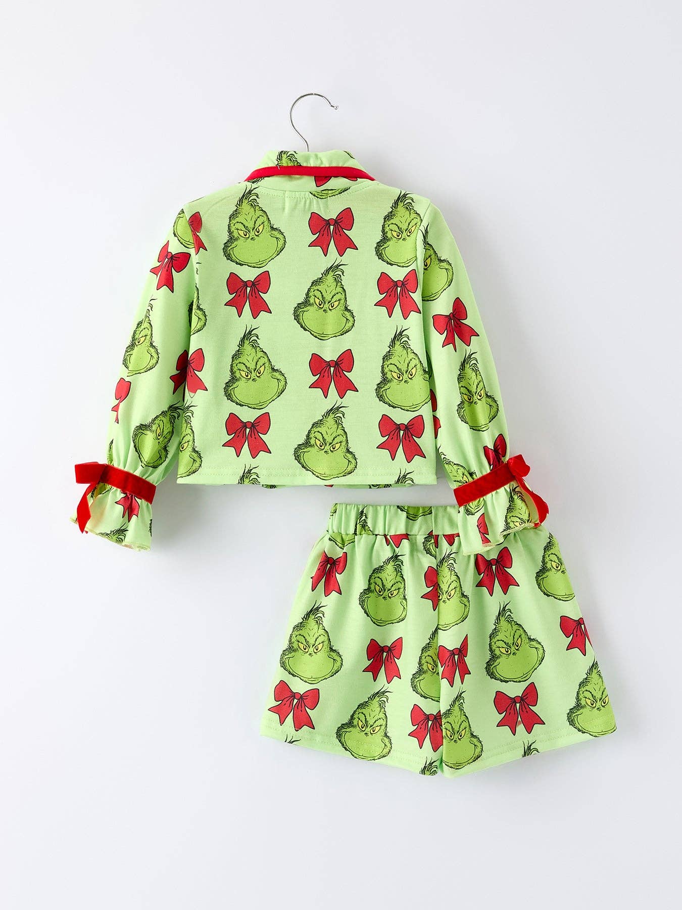 Rylee Faith Designs - Green Christmas Character Bow Print Girls Pajama Set