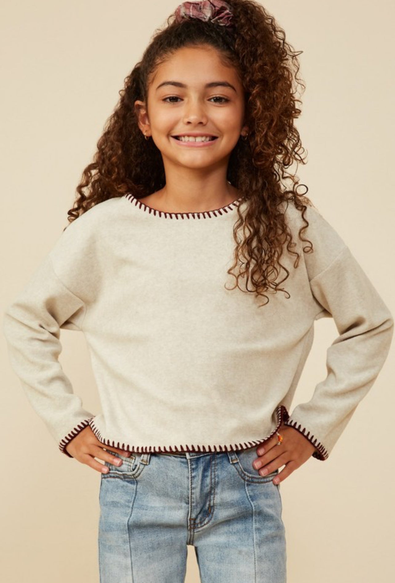 Girls Rust Contrast Stitch Long Sleeve Knit Shirt