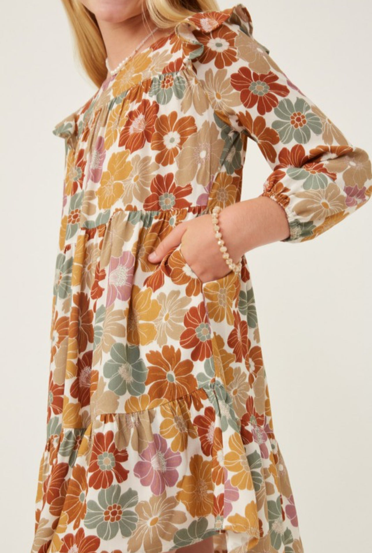 Girls Maxi Floral Print Ruffle Shoulder Dress