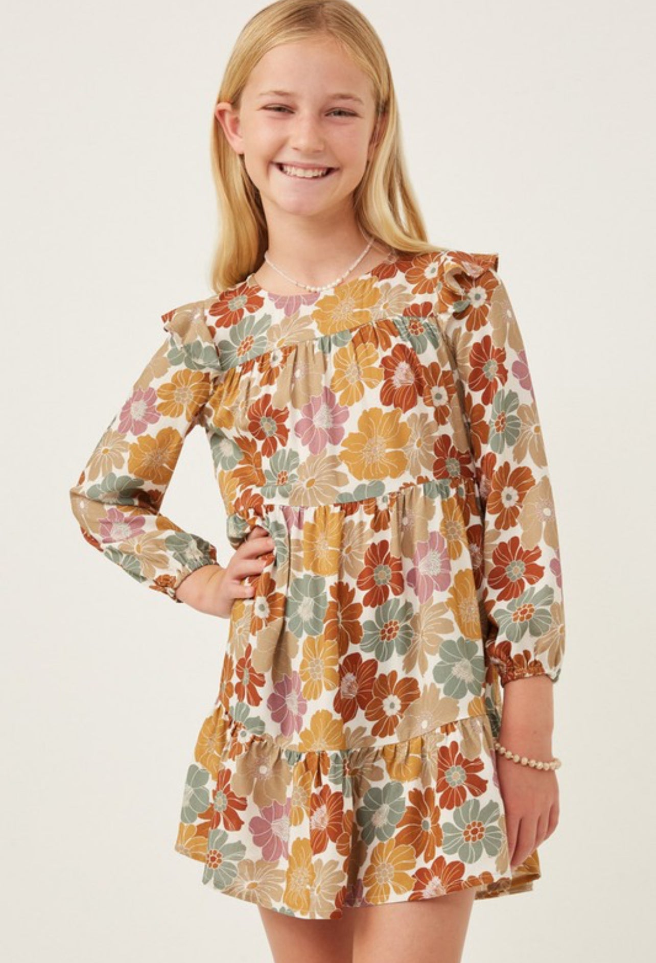 Girls Maxi Floral Print Ruffle Shoulder Dress