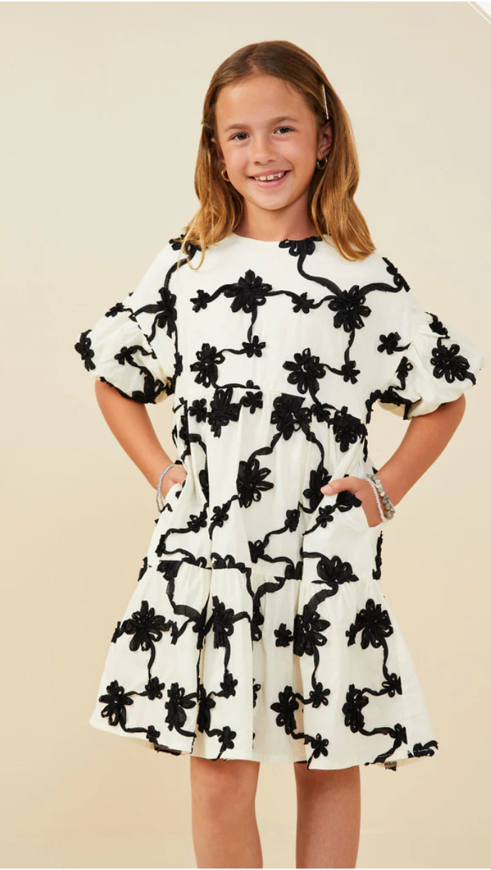 Girls Floral Applique Ruffle Sleeve Dress