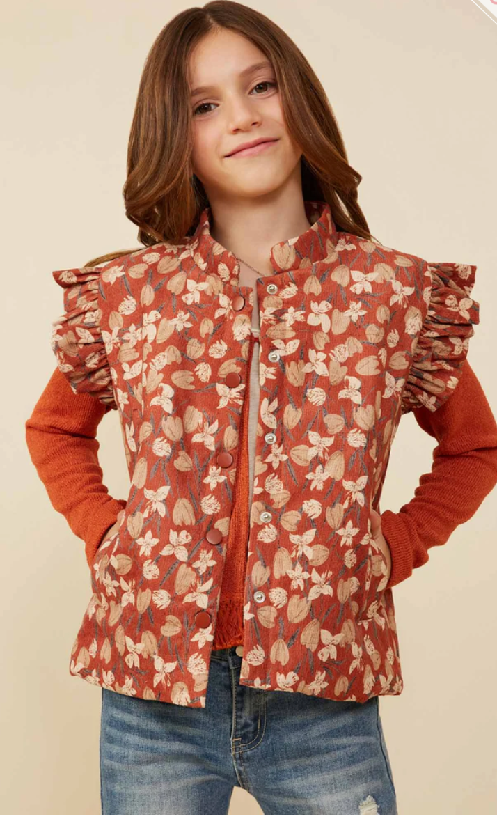 Girls Floral Ruffle Trim Puffer Vest