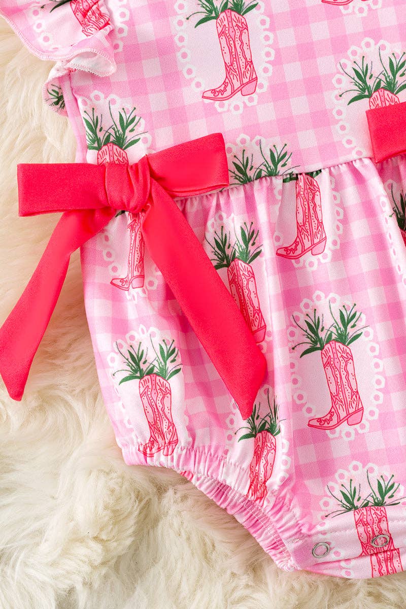 Kids Charm Online - Pink Gingham w/ boot printed baby romper w/snaps. RPG60874 JEAN
