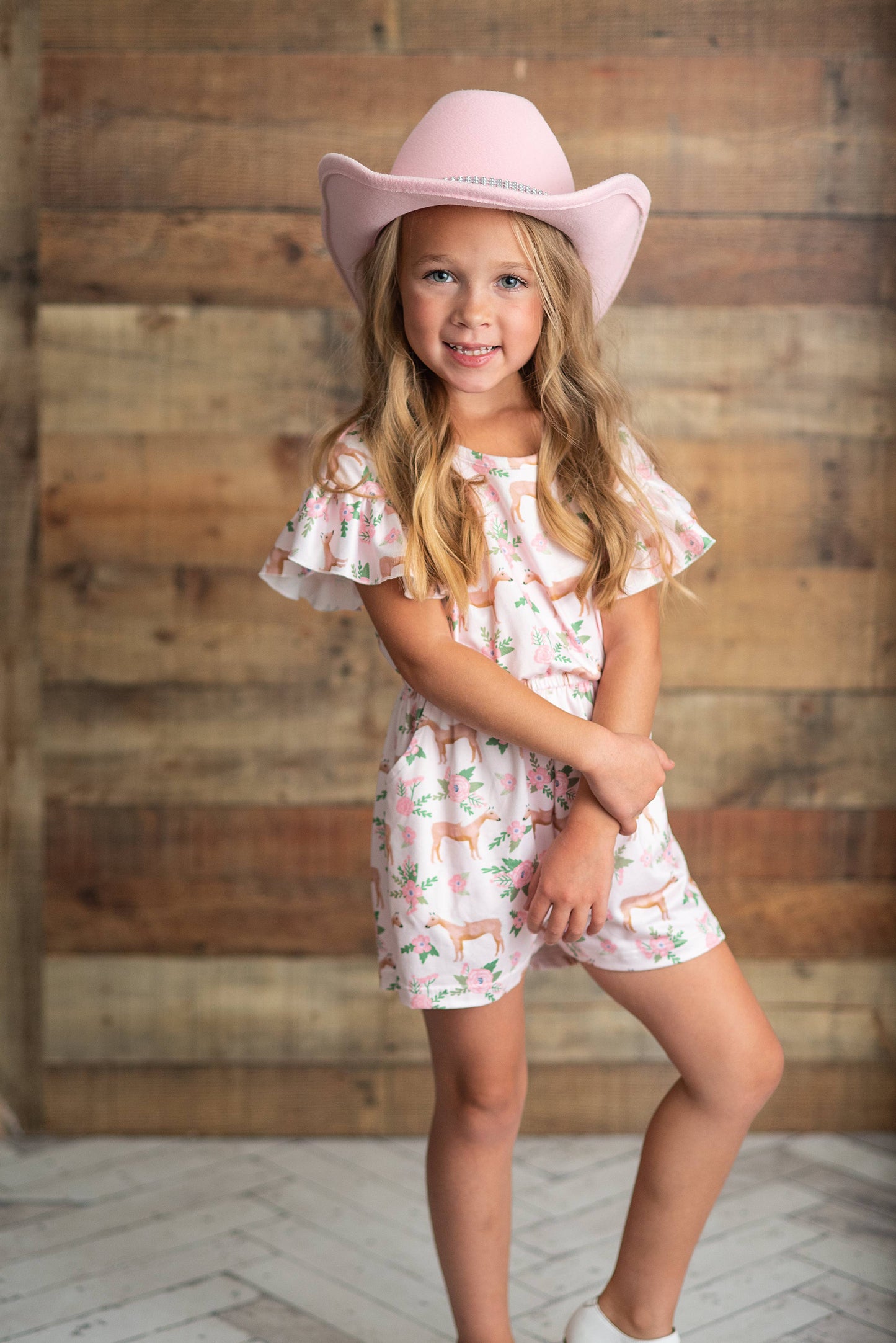 Kids Pink Horse Flutter Sleeve Pocket Spring Shortie Set