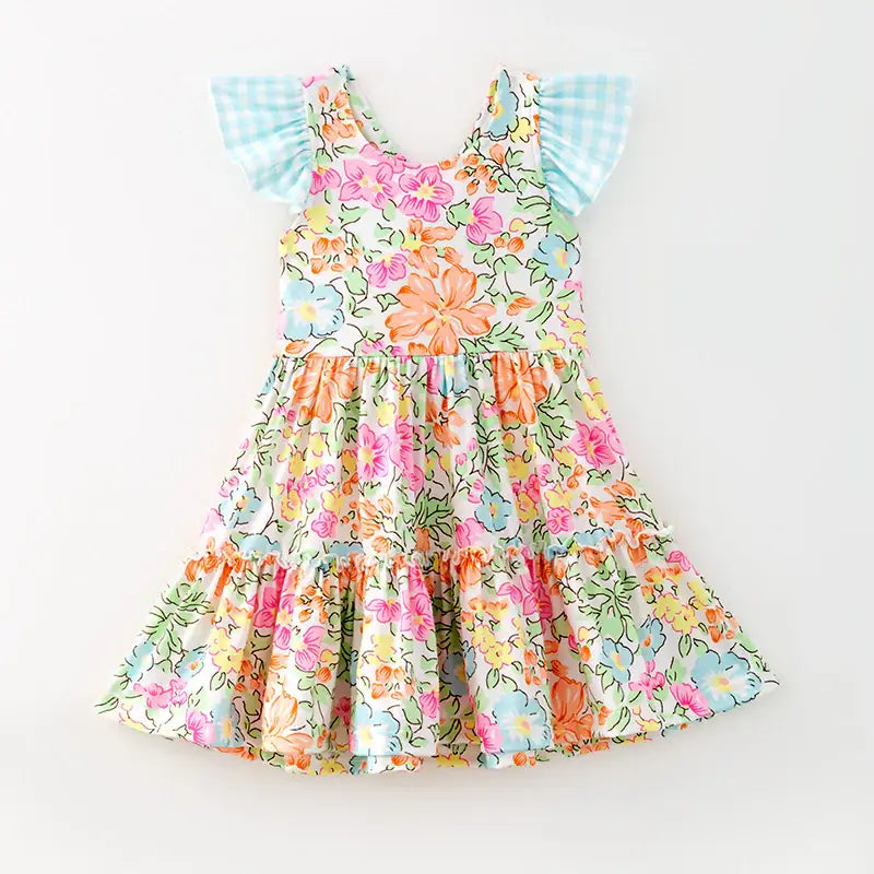 Girls Summer Blue Plaid Bow Floral Print Ruffled Dress