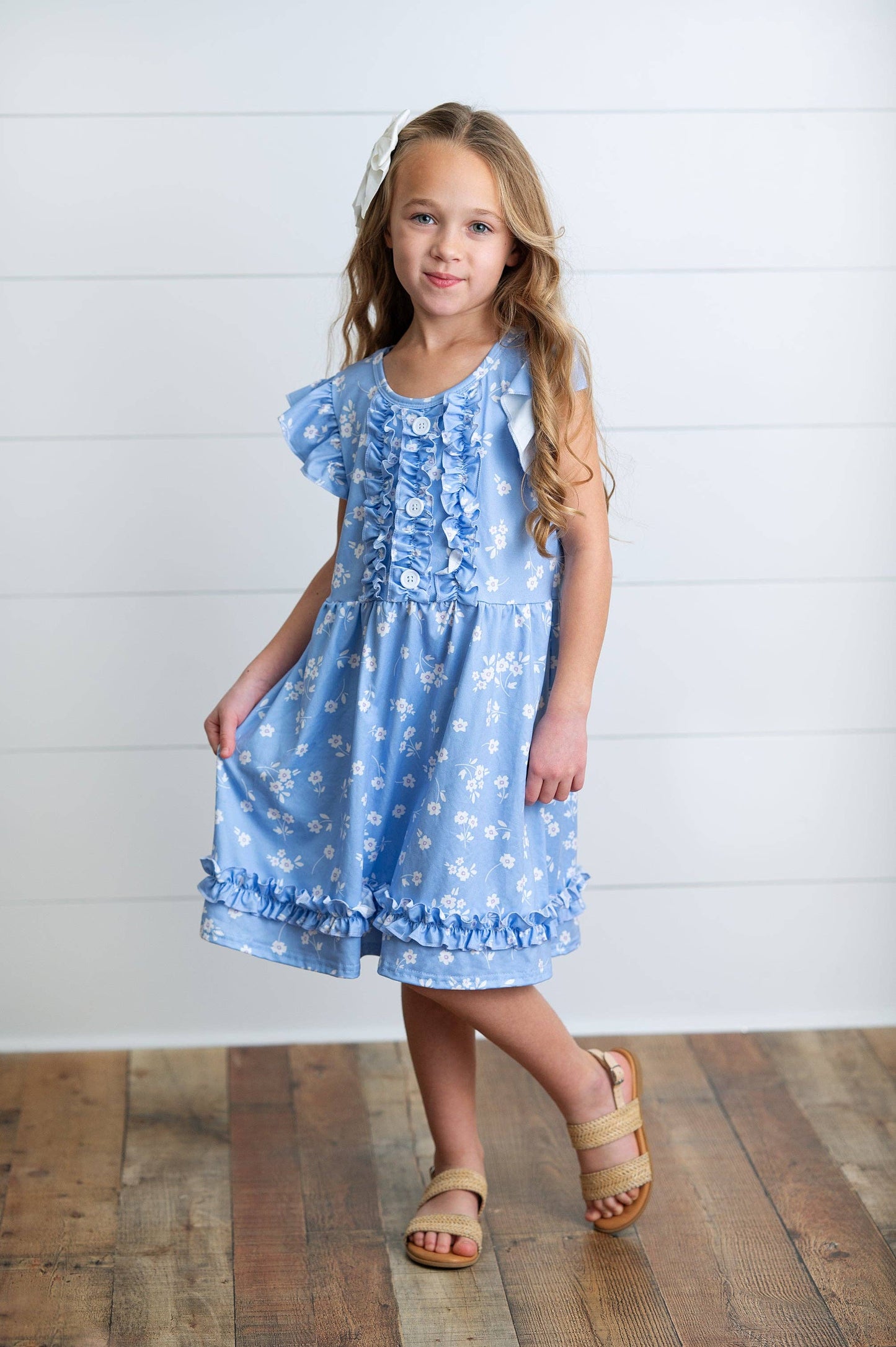 Kids Periwinkle Dainty Flower Button Ruffle Spring Dress