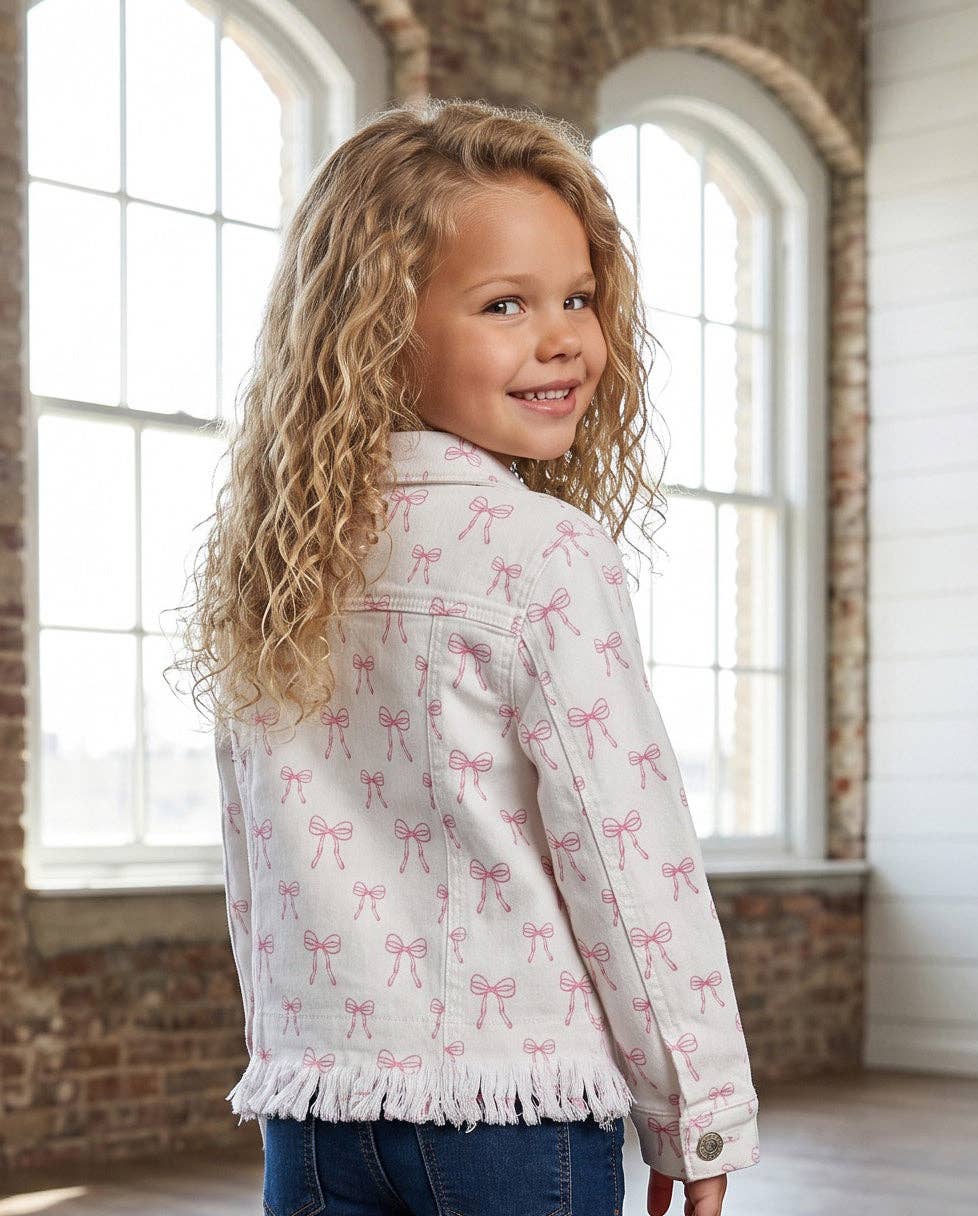 Kids Coquette Pink Bow White Denim Jacket