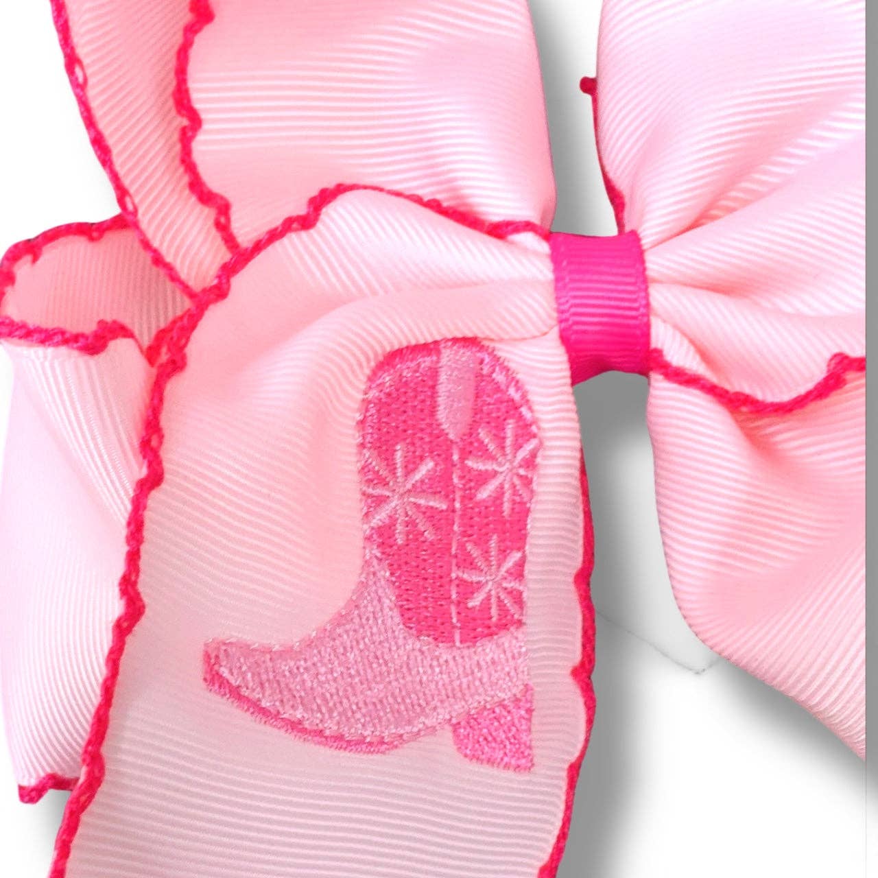 5" Pink western boot embroidered hair bow with fuchsia moon stitch