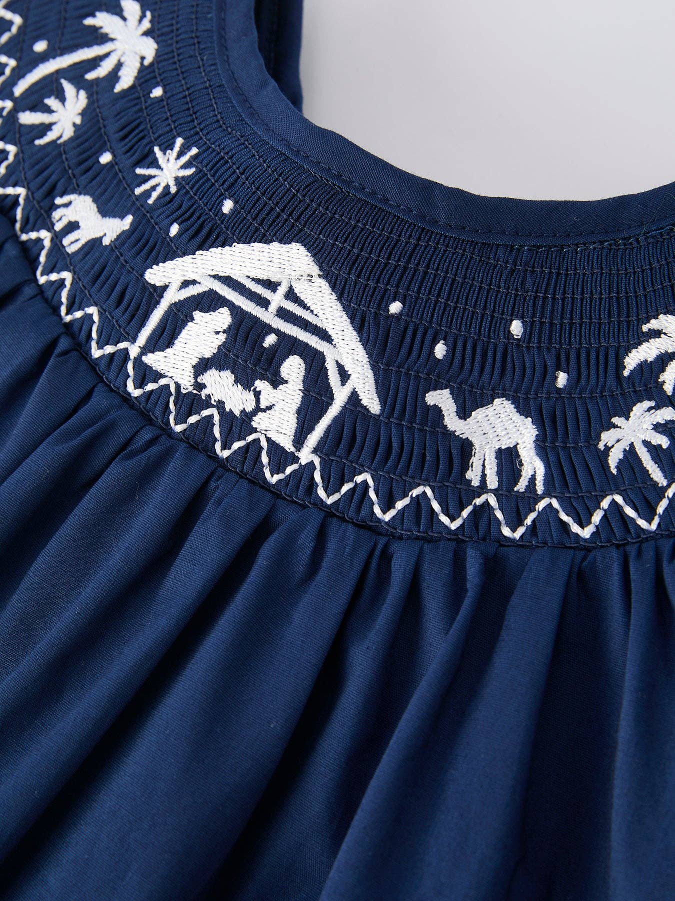Rylee Faith Designs - Christmas Navy Blue Nativity Smocking Embroidered Dress