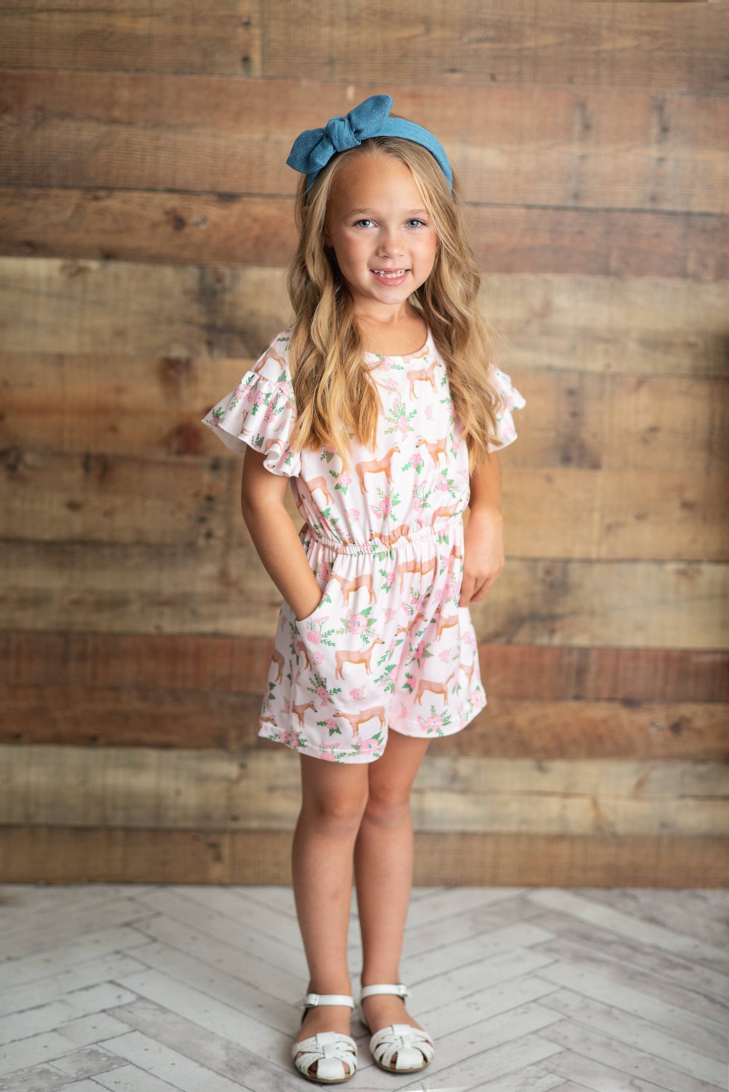 Kids Pink Horse Flutter Sleeve Pocket Spring Shortie Set