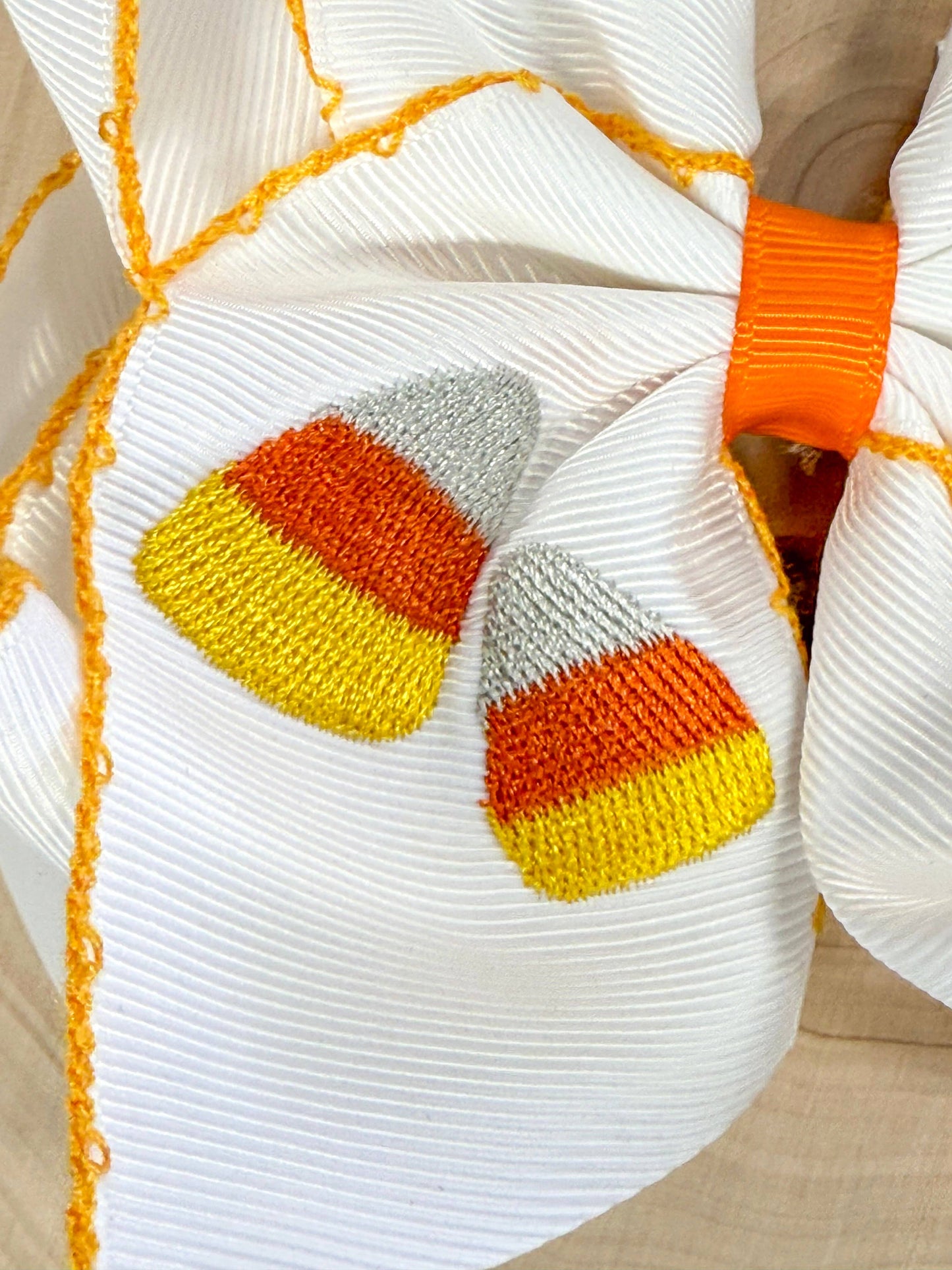 Candy Corn Embroidered Moonstitch Hair Bow