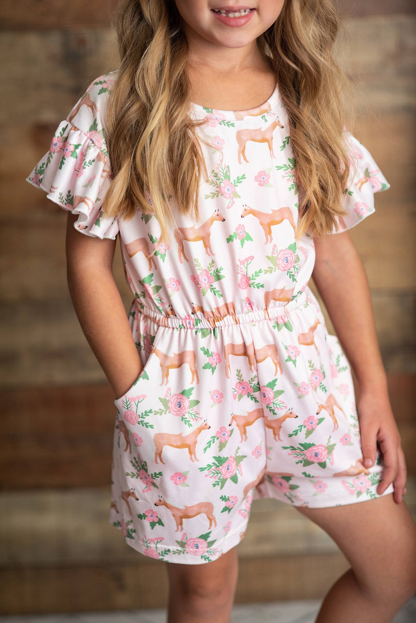 Kids Pink Horse Flutter Sleeve Pocket Spring Shortie Set